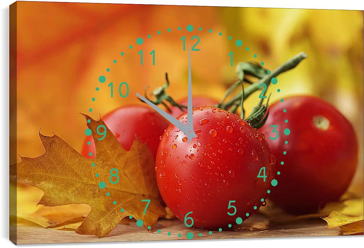 Часы картина - Четыре помидора и осенние листья на столе