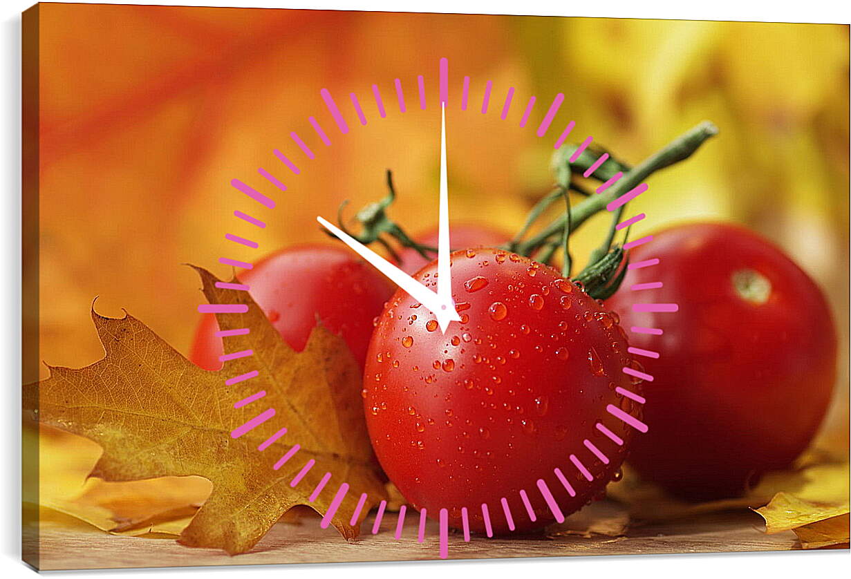 Часы картина - Четыре помидора и осенние листья на столе