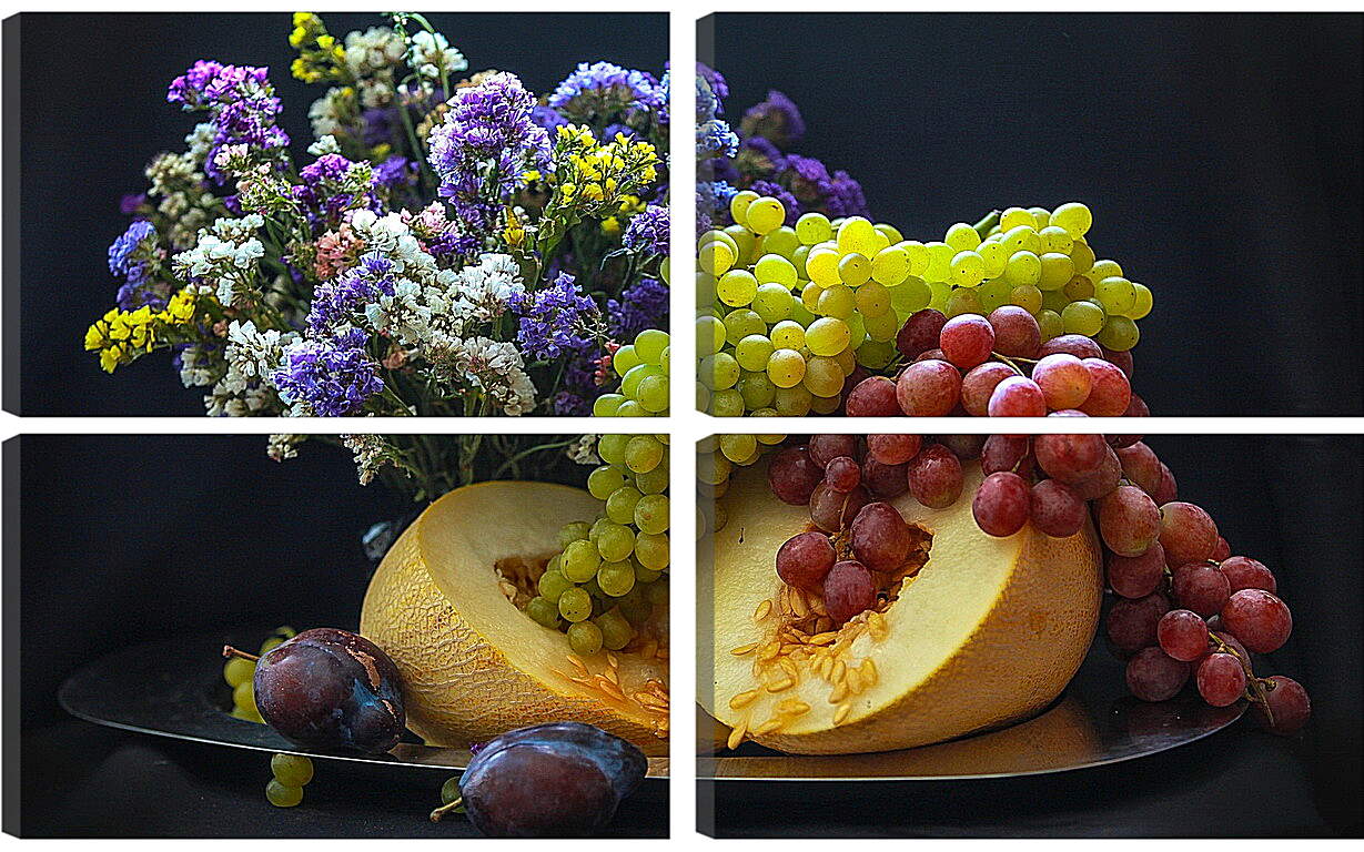 Модульная картина - Букет цветов, сливы и гроздья винограда
