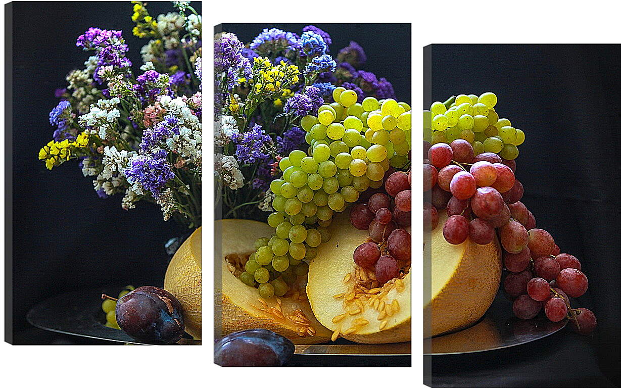 Модульная картина - Букет цветов, сливы и гроздья винограда