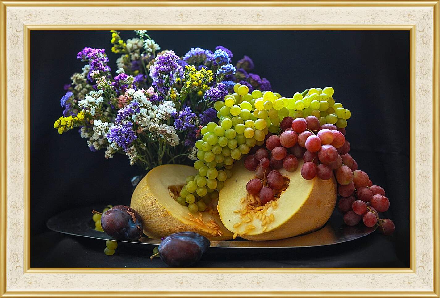 Картина в раме - Букет цветов, сливы и гроздья винограда