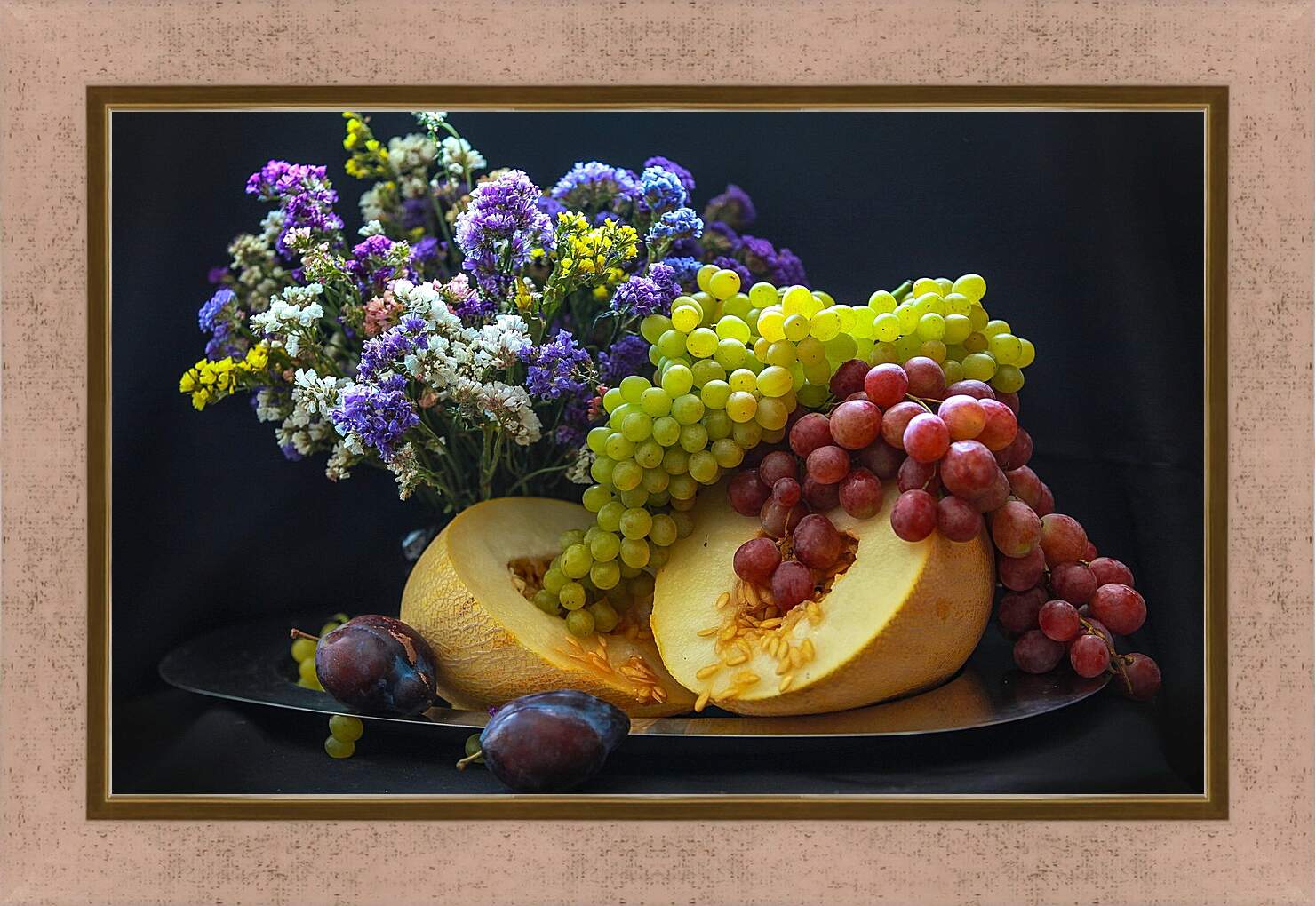 Картина в раме - Букет цветов, сливы и гроздья винограда