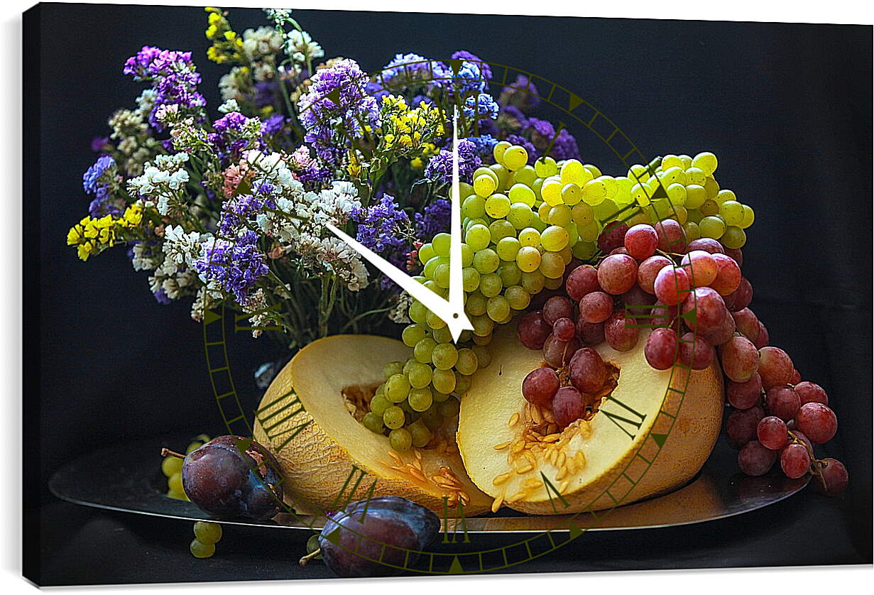 Часы картина - Букет цветов, сливы и гроздья винограда