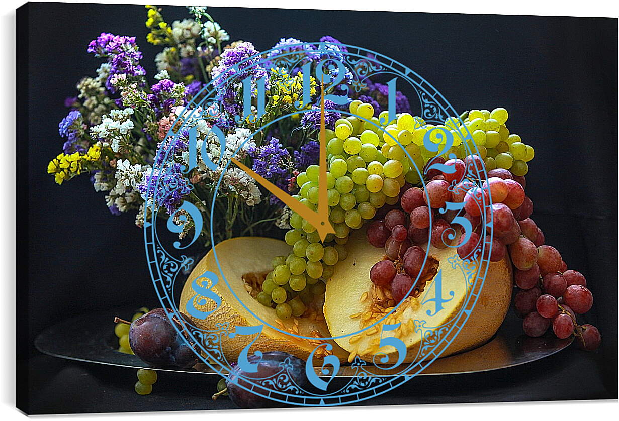 Часы картина - Букет цветов, сливы и гроздья винограда