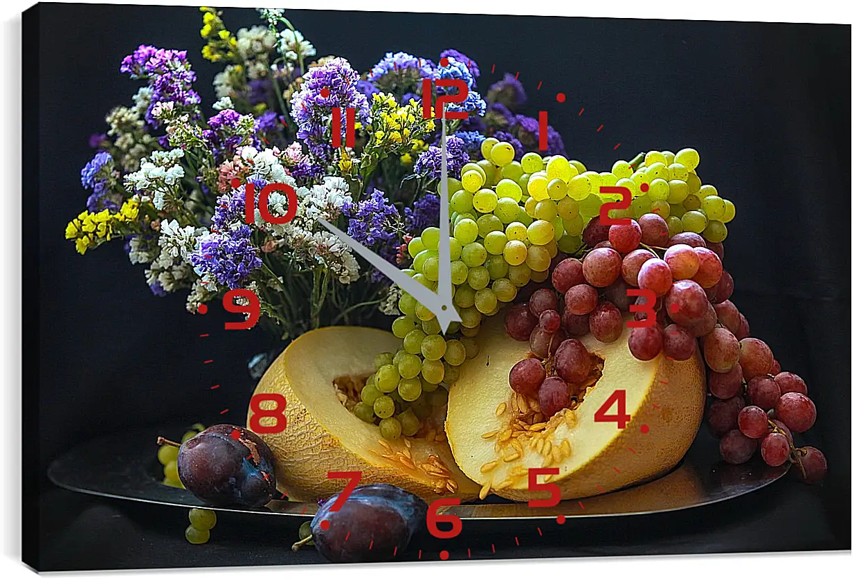 Часы картина - Букет цветов, сливы и гроздья винограда