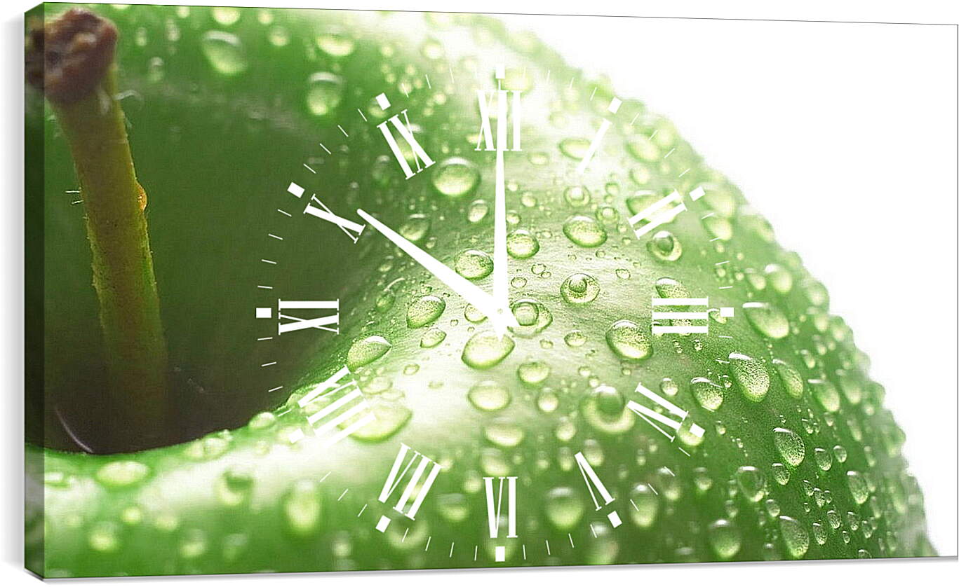 Часы картина - Капли воды на зелёном яблоке