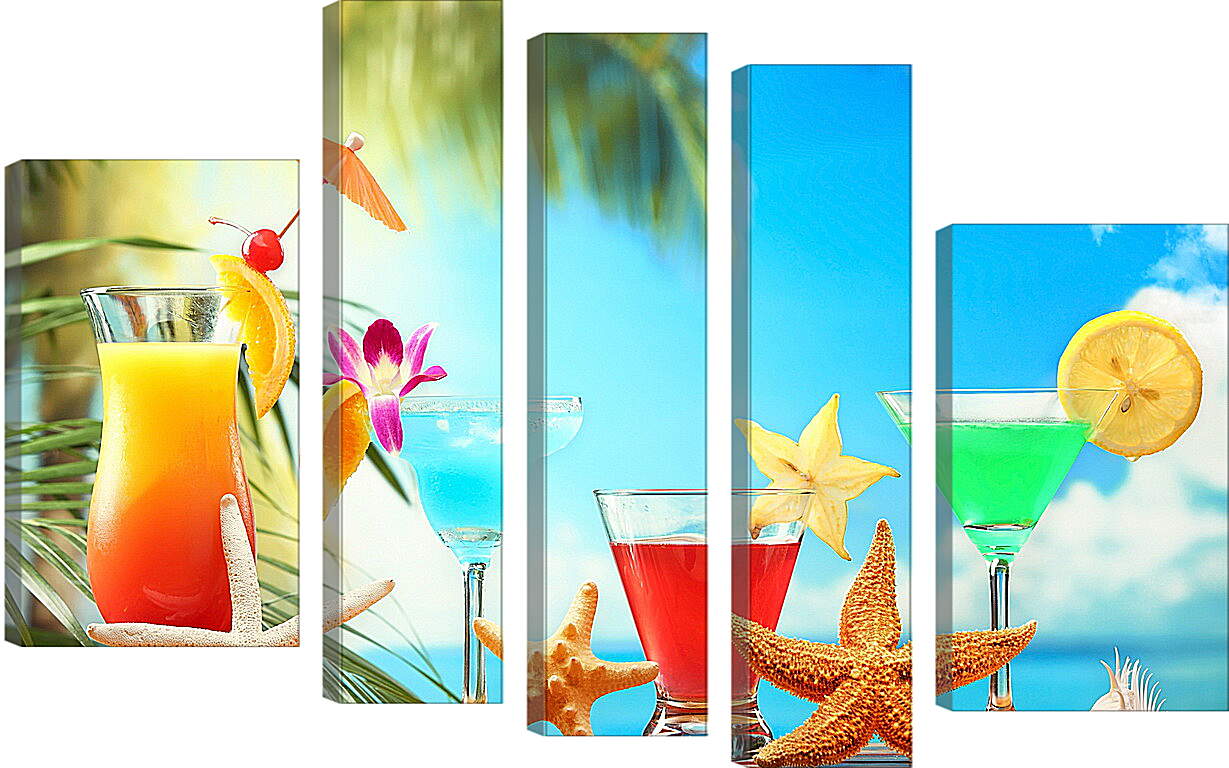 Модульная картина - Три коктейля и морские звёзды на столе