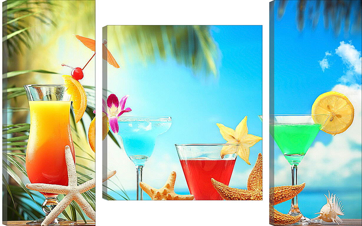 Модульная картина - Три коктейля и морские звёзды на столе