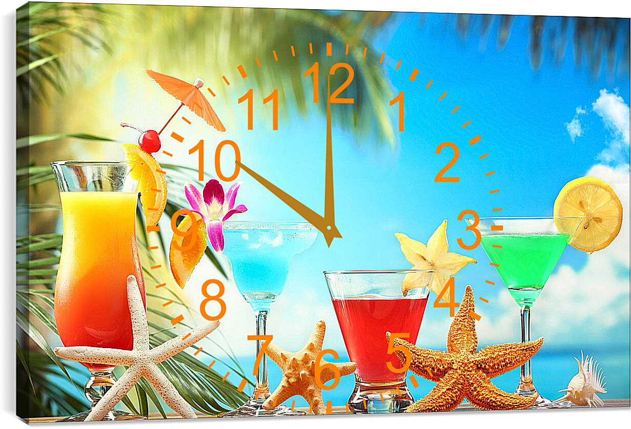 Часы картина - Три коктейля и морские звёзды на столе