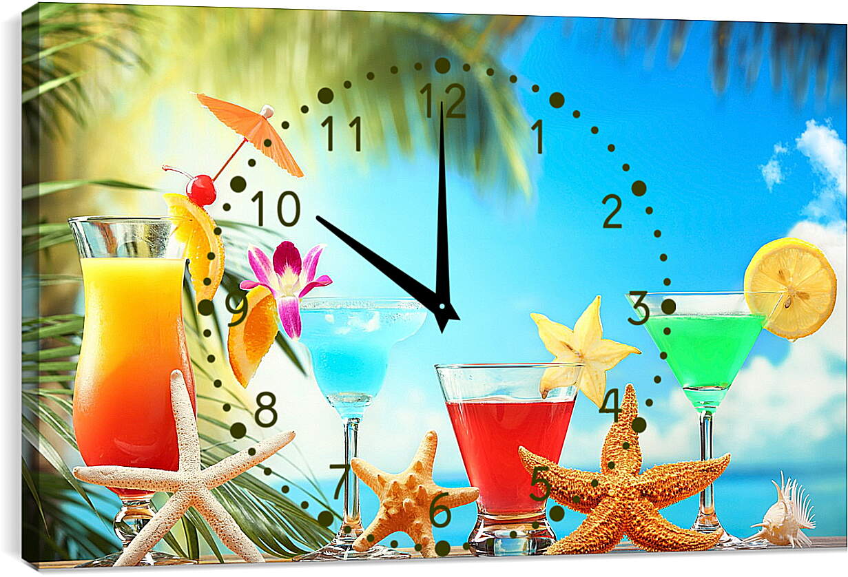 Часы картина - Три коктейля и морские звёзды на столе