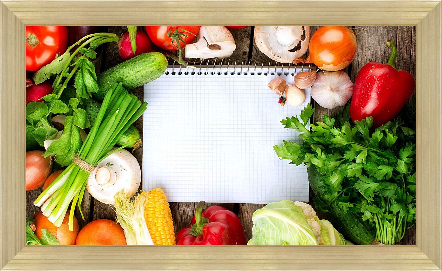 Картина в раме - Кукуруза, грибы, зелень и овощи