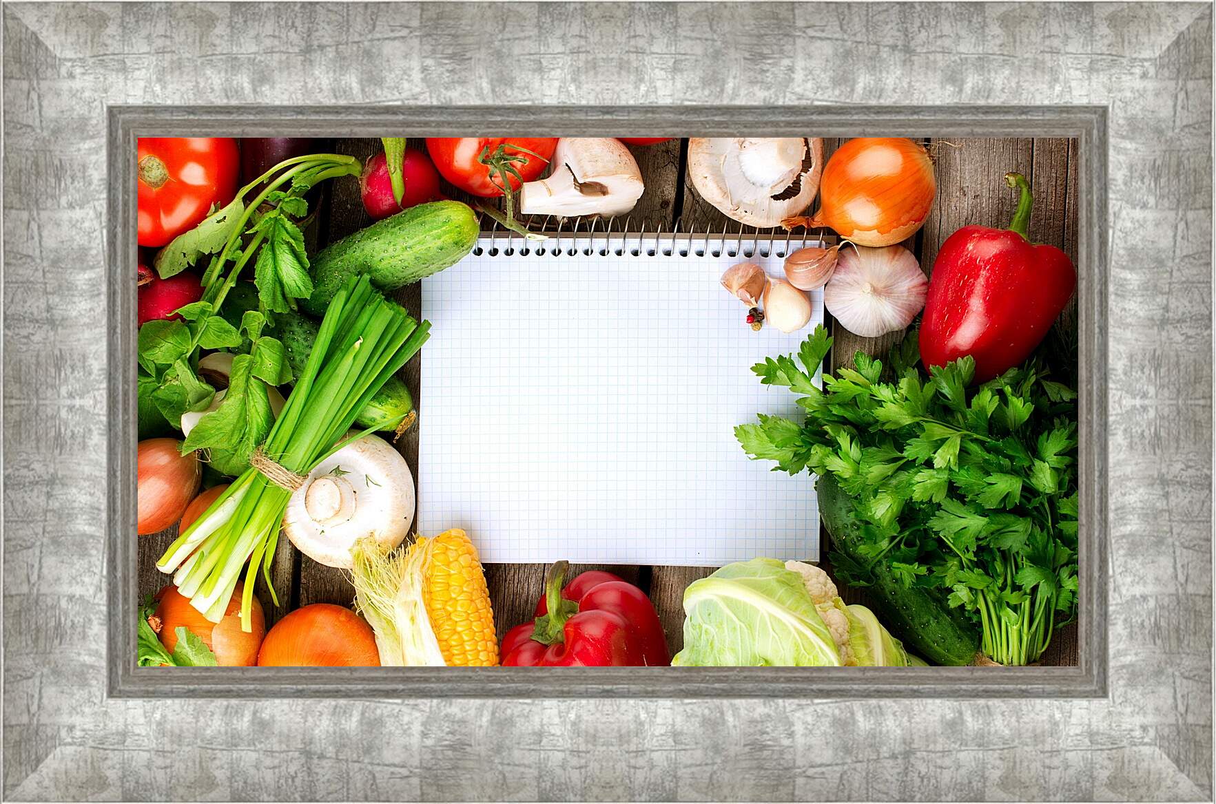 Картина в раме - Кукуруза, грибы, зелень и овощи