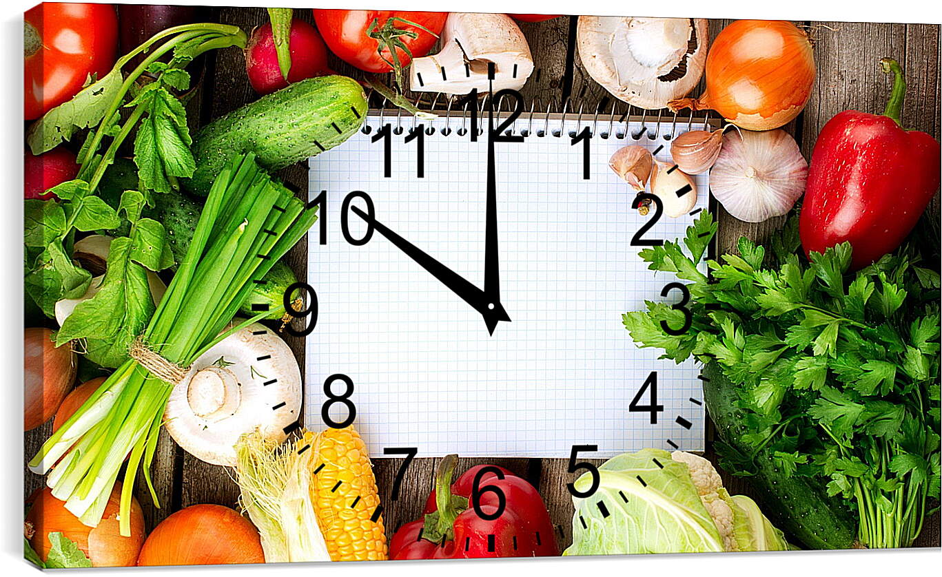 Часы картина - Кукуруза, грибы, зелень и овощи