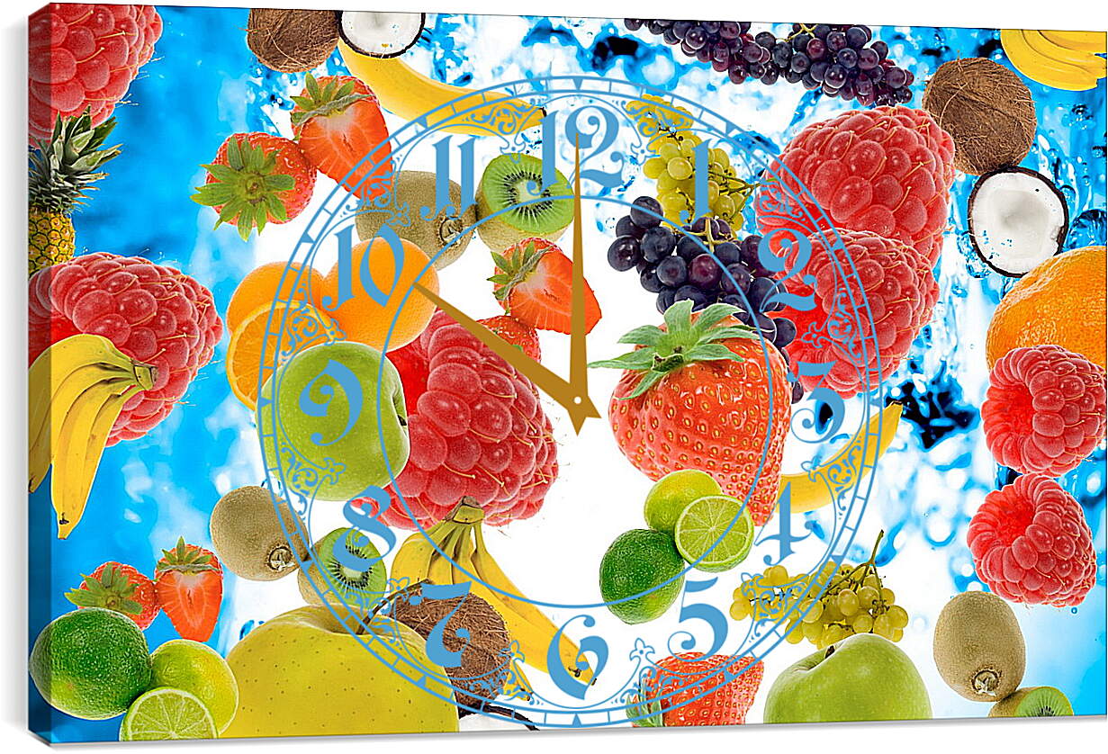 Часы картина - Фрукты и ягоды на фоне воды