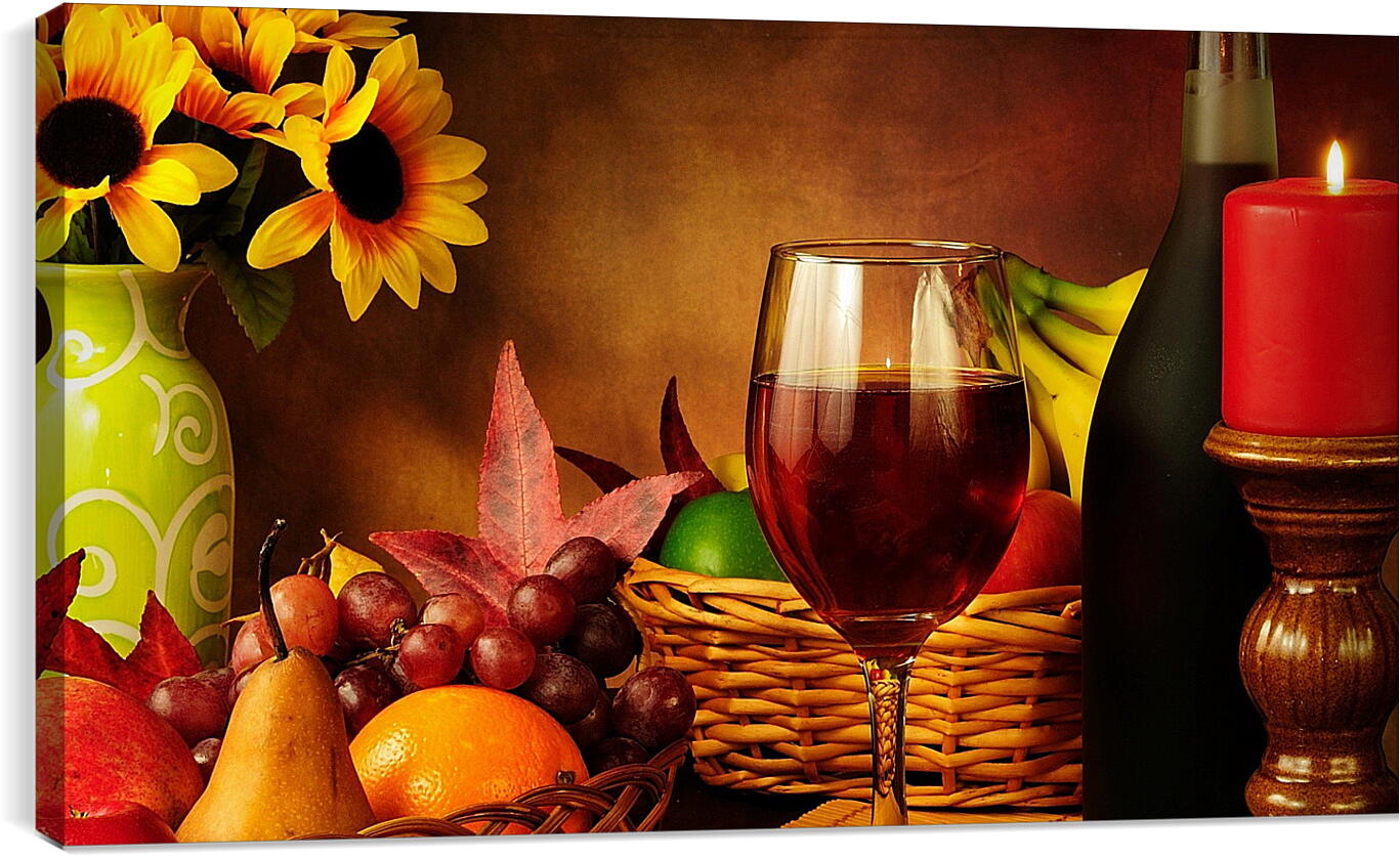 Постер и плакат - Красная свечка, бокал вина и фрукты в корзинке