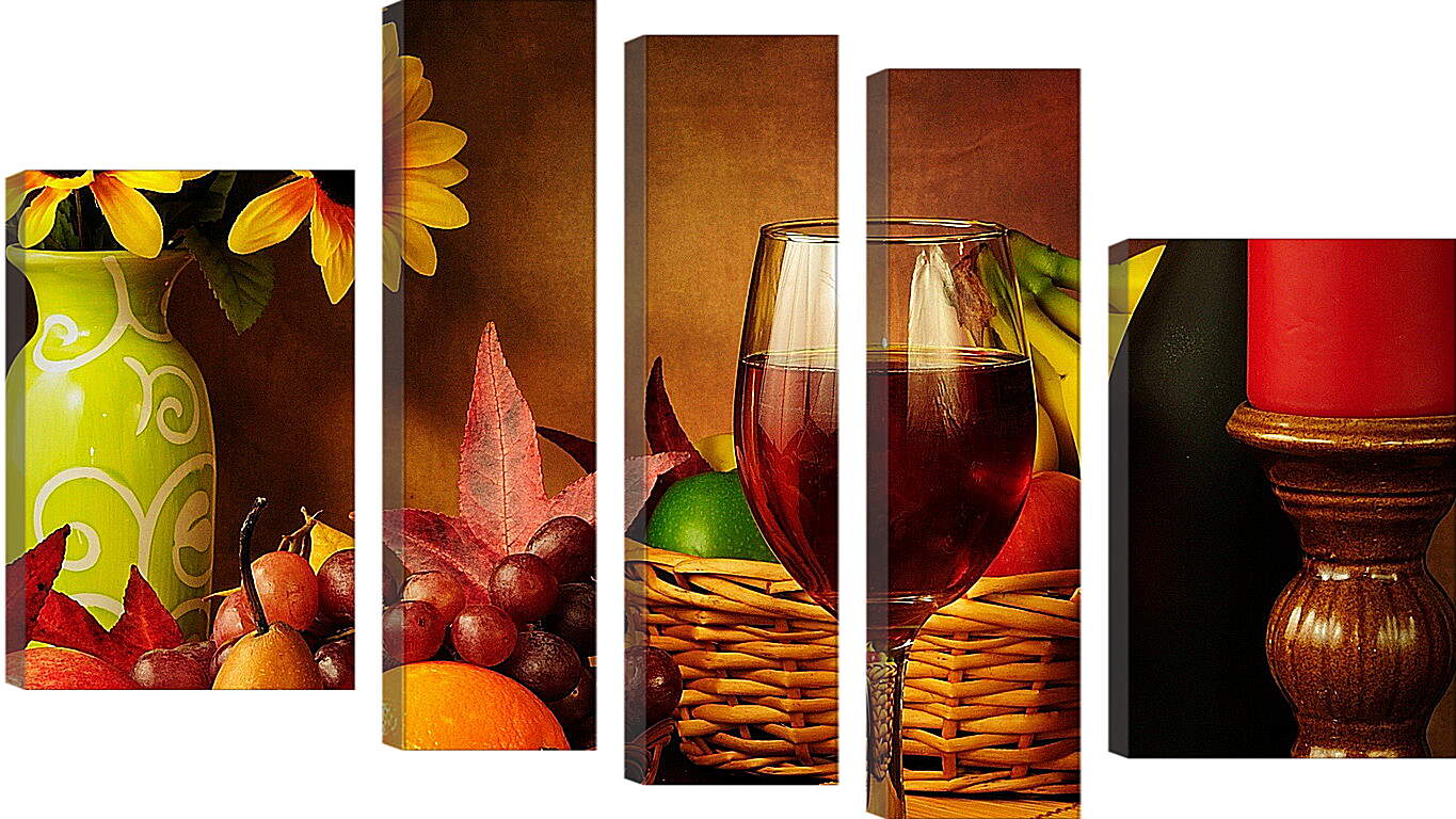 Модульная картина - Красная свечка, бокал вина и фрукты в корзинке