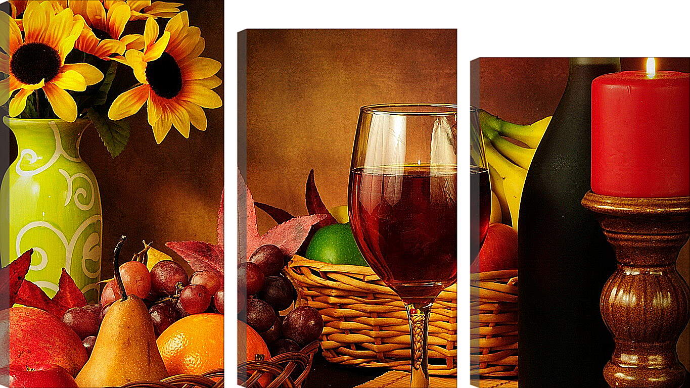 Модульная картина - Красная свечка, бокал вина и фрукты в корзинке