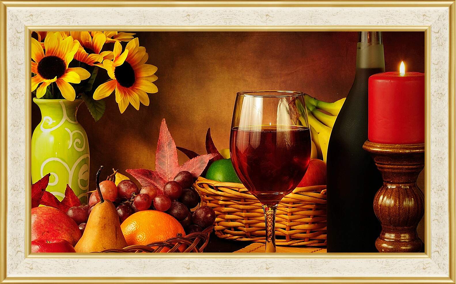 Картина в раме - Красная свечка, бокал вина и фрукты в корзинке
