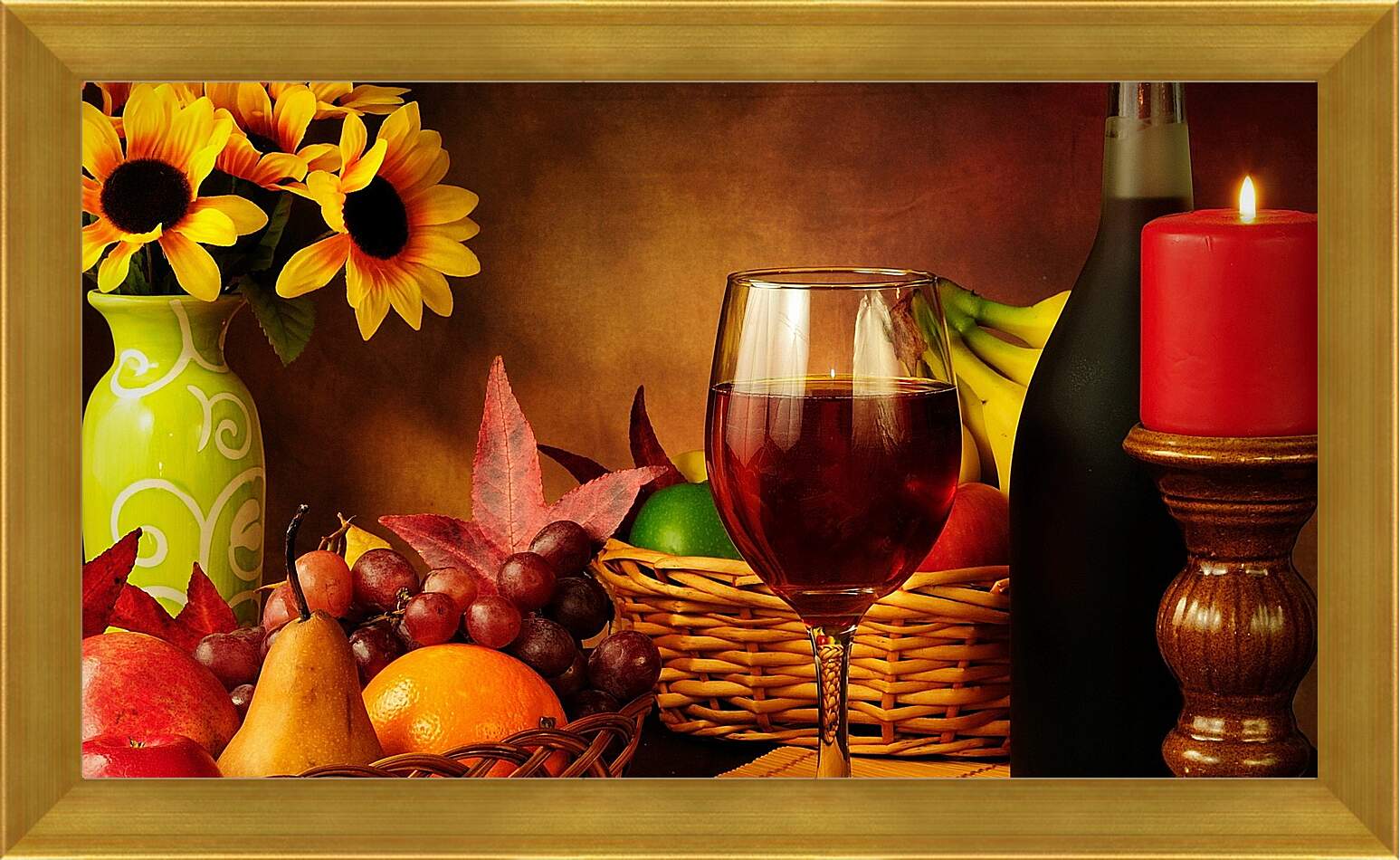 Картина в раме - Красная свечка, бокал вина и фрукты в корзинке