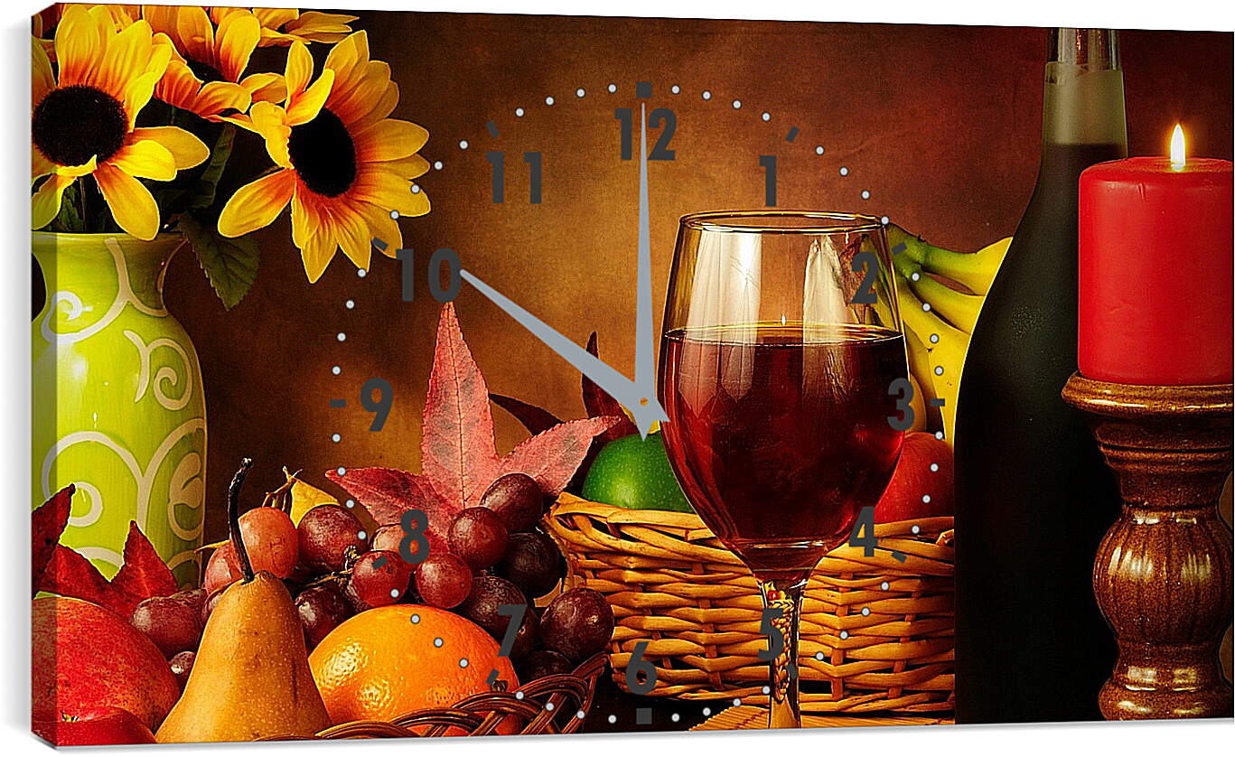 Часы картина - Красная свечка, бокал вина и фрукты в корзинке