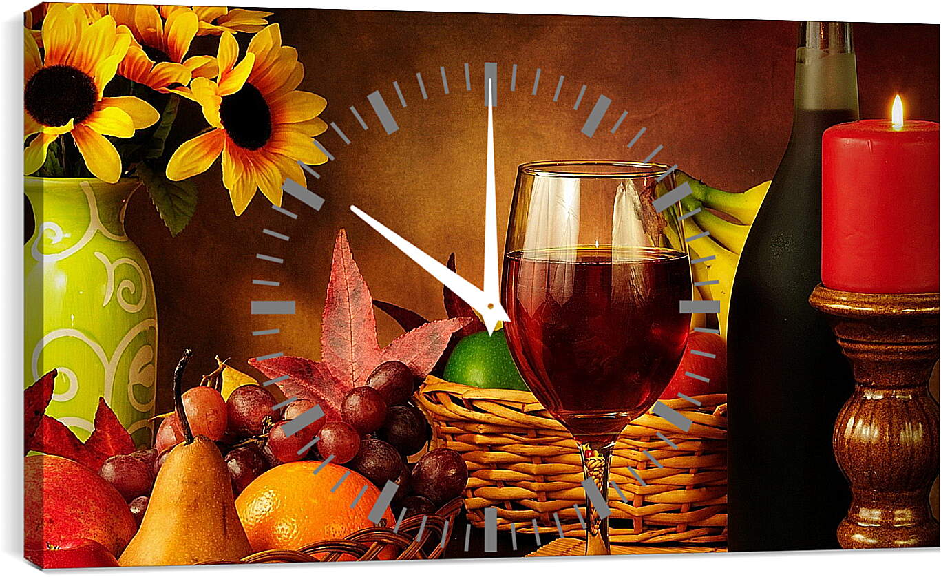 Часы картина - Красная свечка, бокал вина и фрукты в корзинке