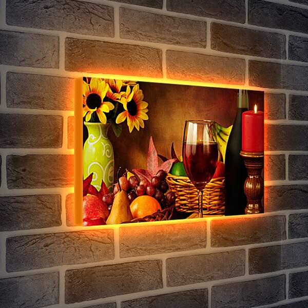 Лайтбокс световая панель - Красная свечка, бокал вина и фрукты в корзинке