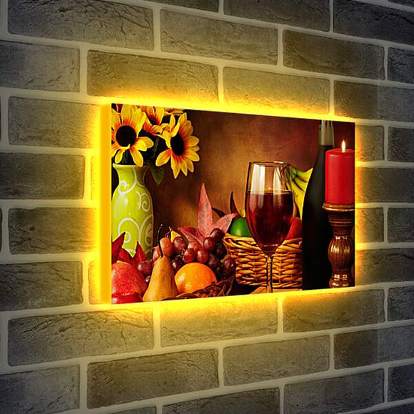 Лайтбокс световая панель - Красная свечка, бокал вина и фрукты в корзинке