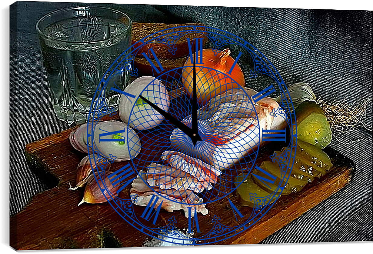 Часы картина - Лук, чеснок, сало и солёный огурец на досточке
