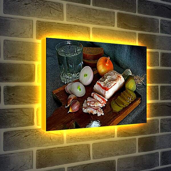 Лайтбокс световая панель - Лук, чеснок, сало и солёный огурец на досточке