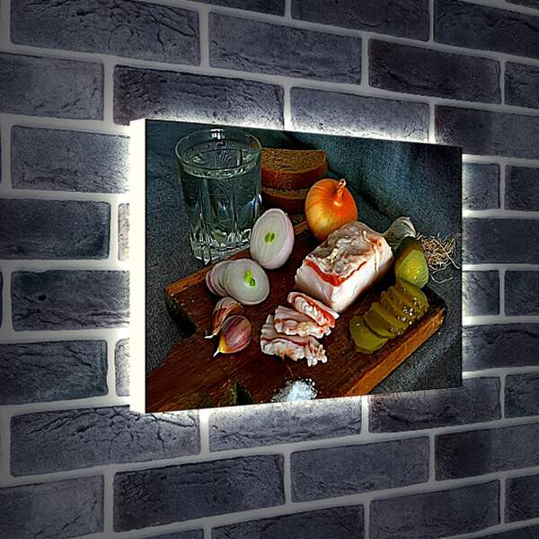 Лайтбокс световая панель - Лук, чеснок, сало и солёный огурец на досточке