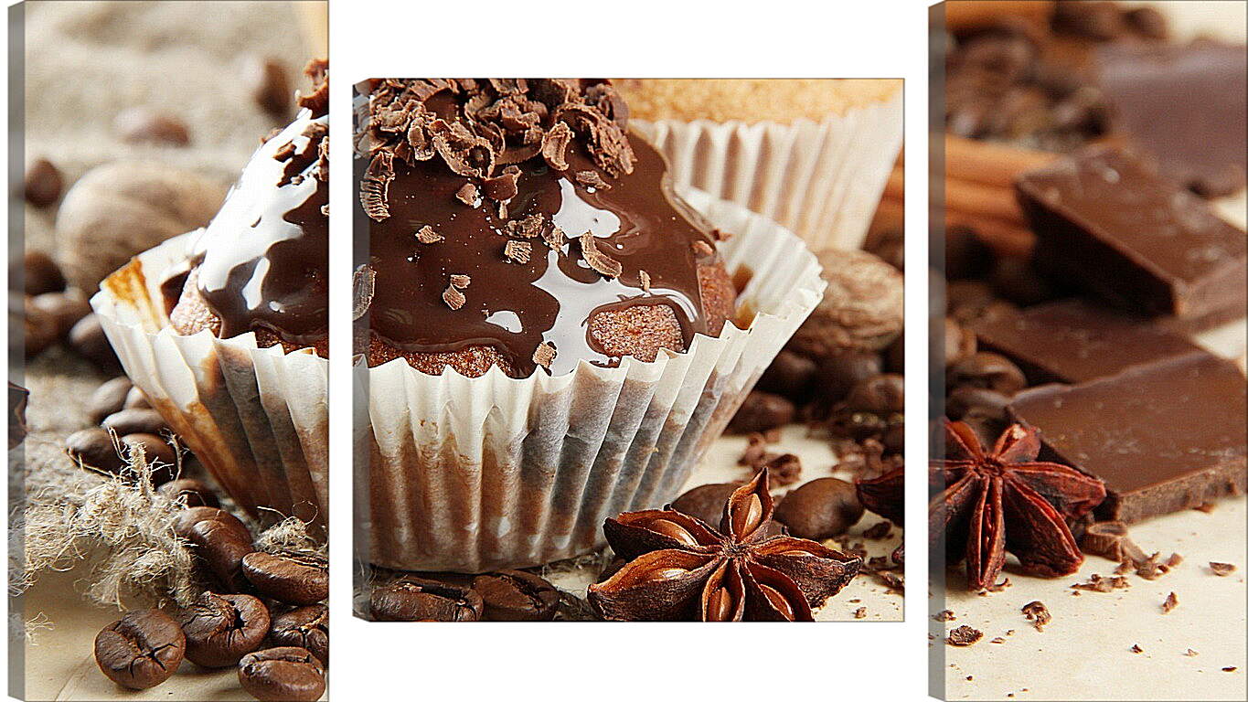 Модульная картина - Зёрна кофе, кусочки шоколада и десерт