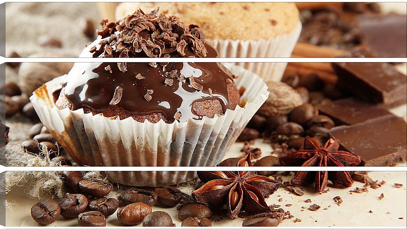 Модульная картина - Зёрна кофе, кусочки шоколада и десерт