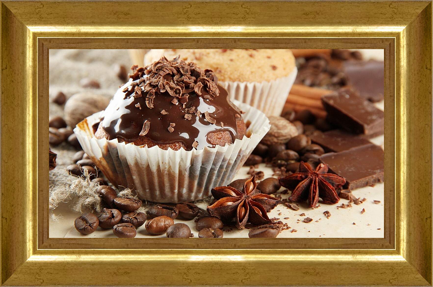 Картина в раме - Зёрна кофе, кусочки шоколада и десерт