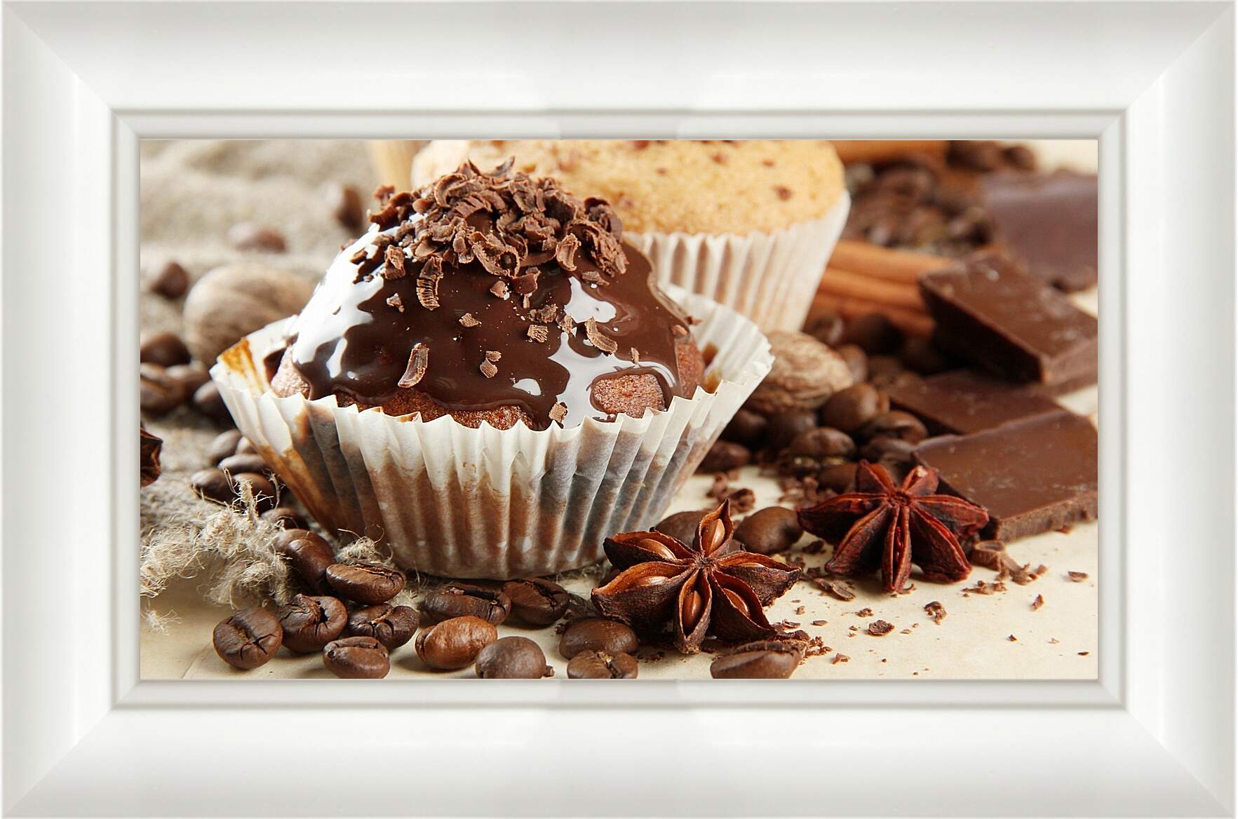 Картина в раме - Зёрна кофе, кусочки шоколада и десерт