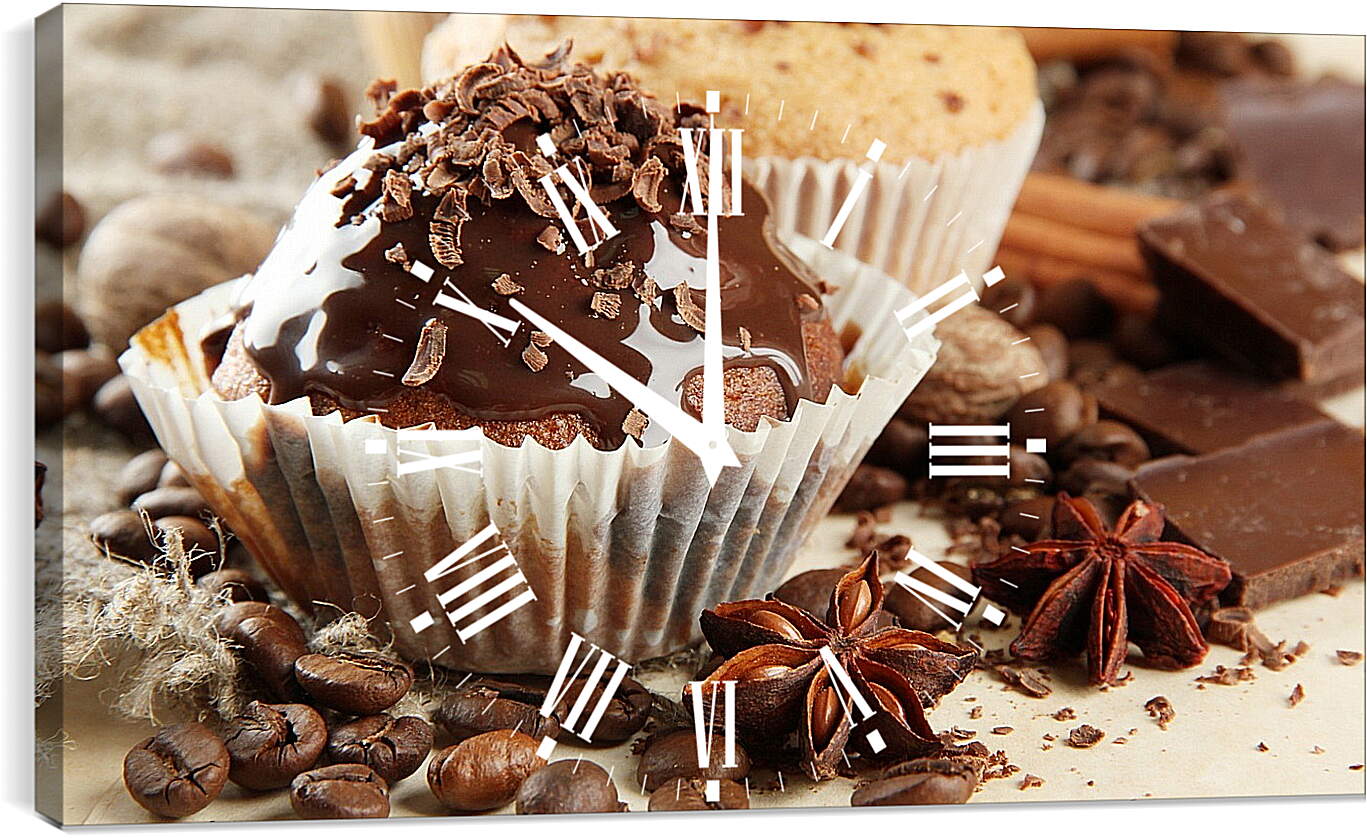 Часы картина - Зёрна кофе, кусочки шоколада и десерт
