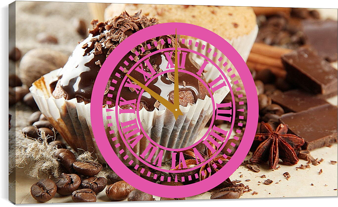 Часы картина - Зёрна кофе, кусочки шоколада и десерт