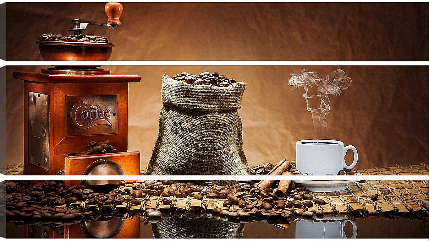 Модульная картина - Целый мешок кофе и горячая чашка кофе на столе