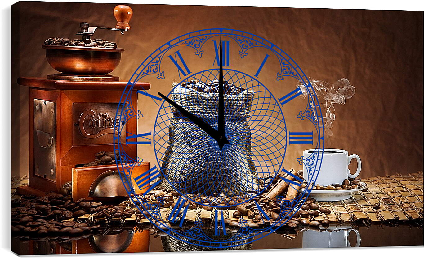 Часы картина - Целый мешок кофе и горячая чашка кофе на столе