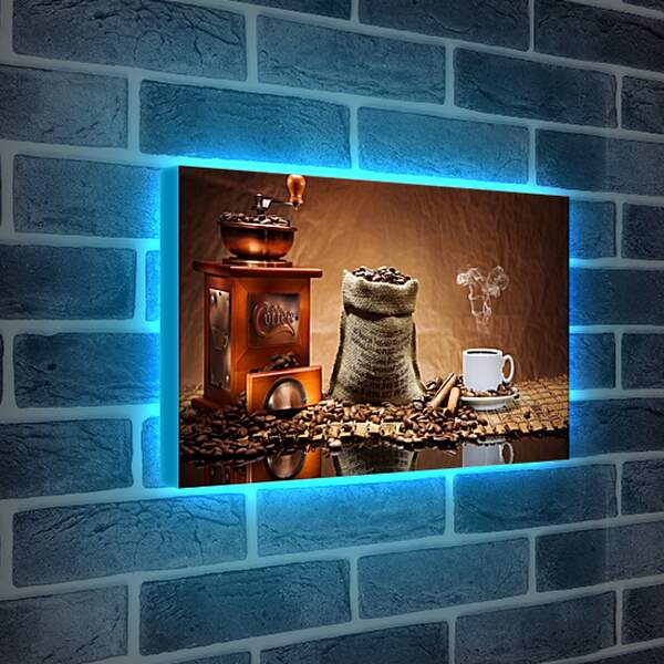 Лайтбокс световая панель - Целый мешок кофе и горячая чашка кофе на столе