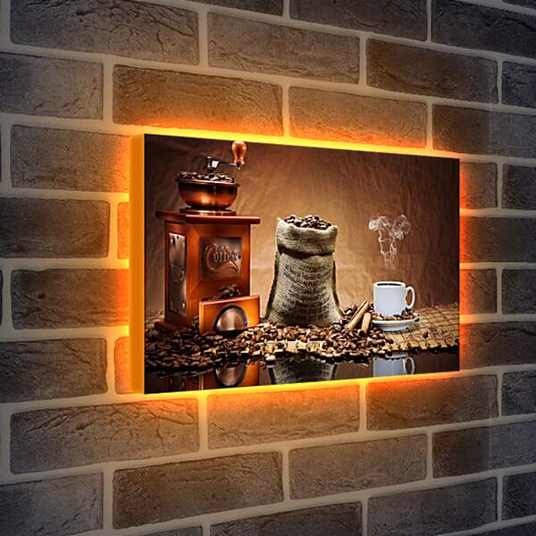 Лайтбокс световая панель - Целый мешок кофе и горячая чашка кофе на столе