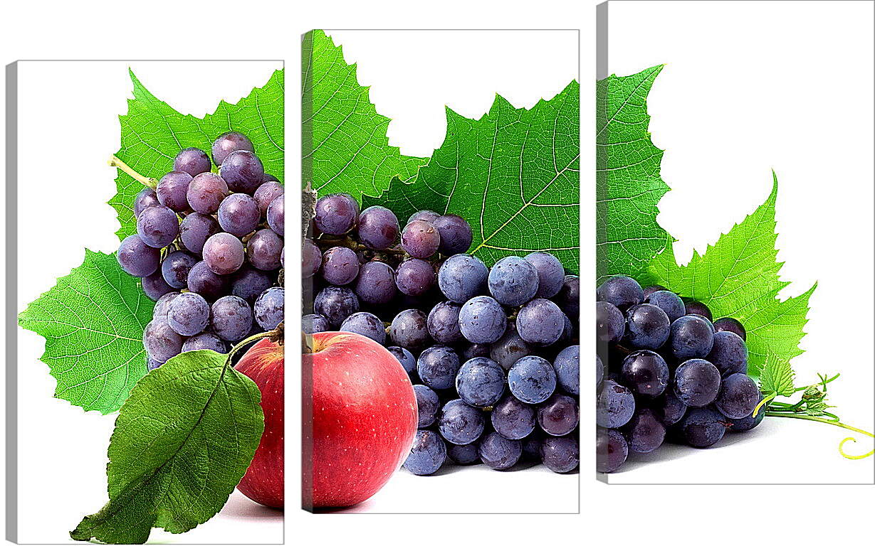 Модульная картина - Яблоко, виноград и листья винограда