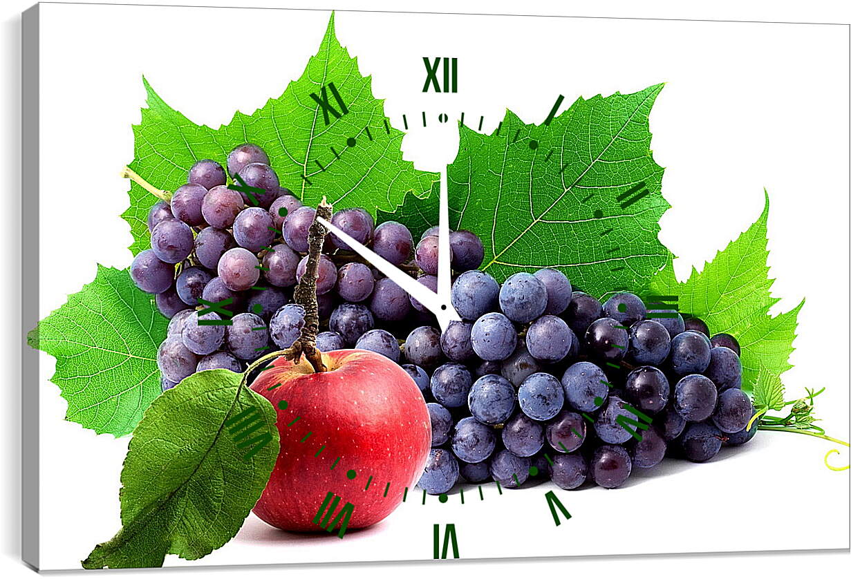 Часы картина - Яблоко, виноград и листья винограда