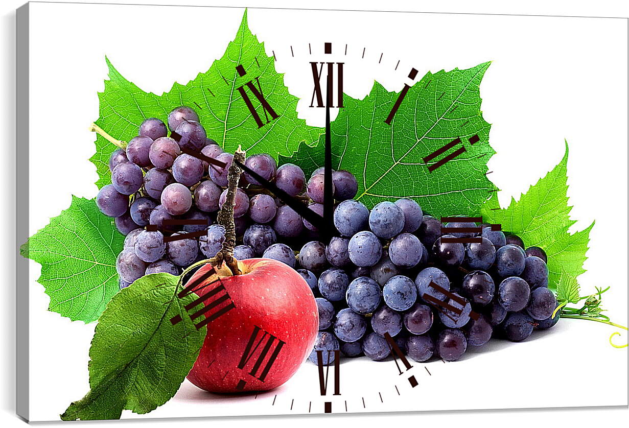 Часы картина - Яблоко, виноград и листья винограда