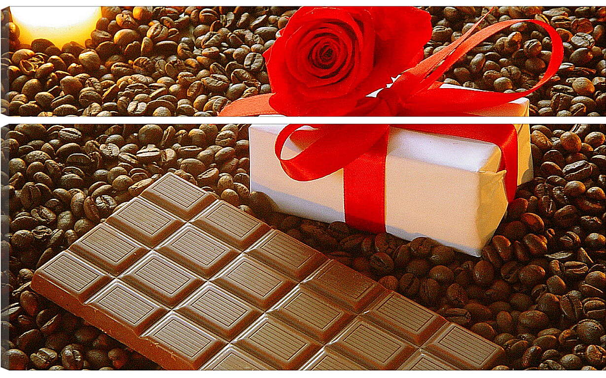 Модульная картина - Плитка шоколада на зернах кофе и подарок
