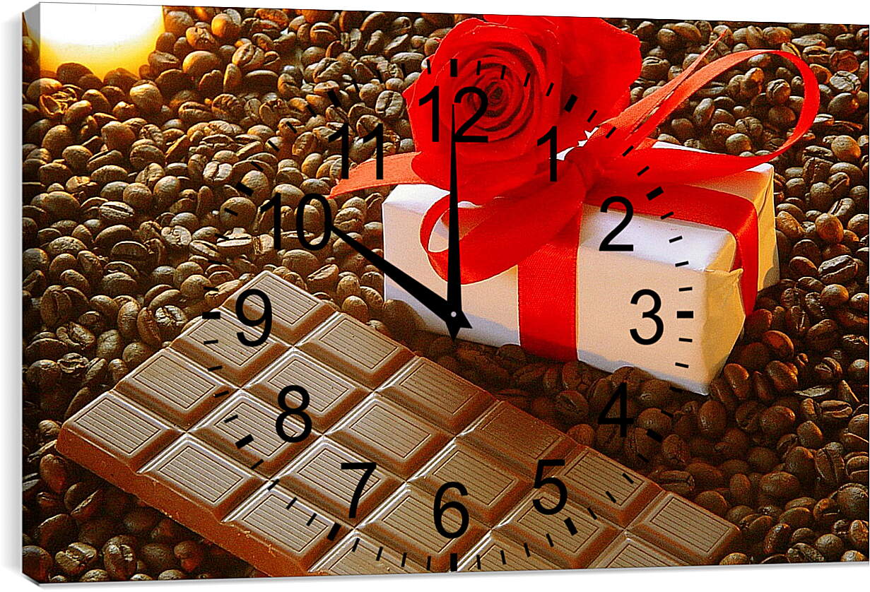 Часы картина - Плитка шоколада на зернах кофе и подарок