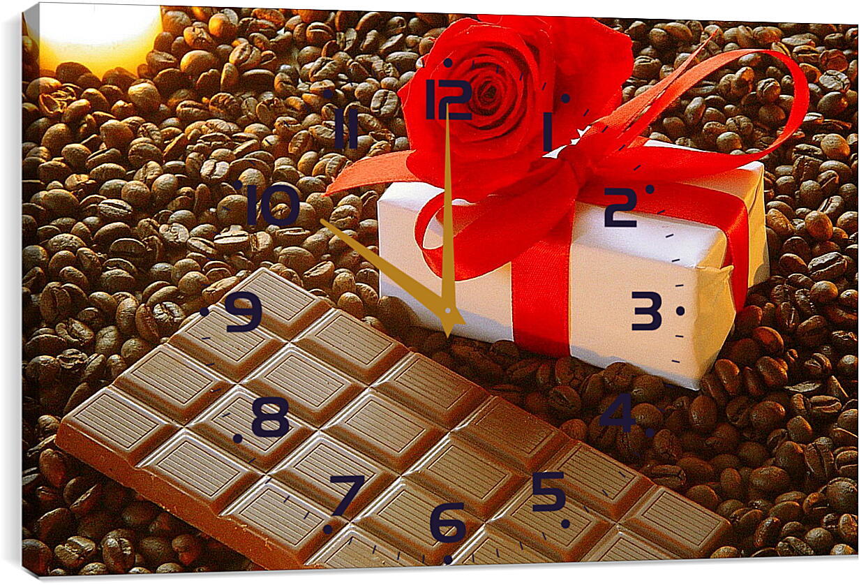 Часы картина - Плитка шоколада на зернах кофе и подарок