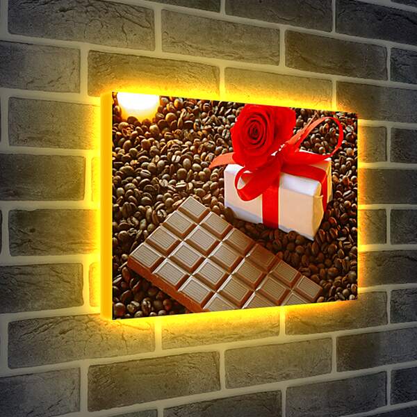 Лайтбокс световая панель - Плитка шоколада на зернах кофе и подарок