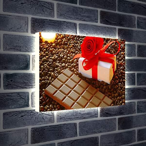 Лайтбокс световая панель - Плитка шоколада на зернах кофе и подарок