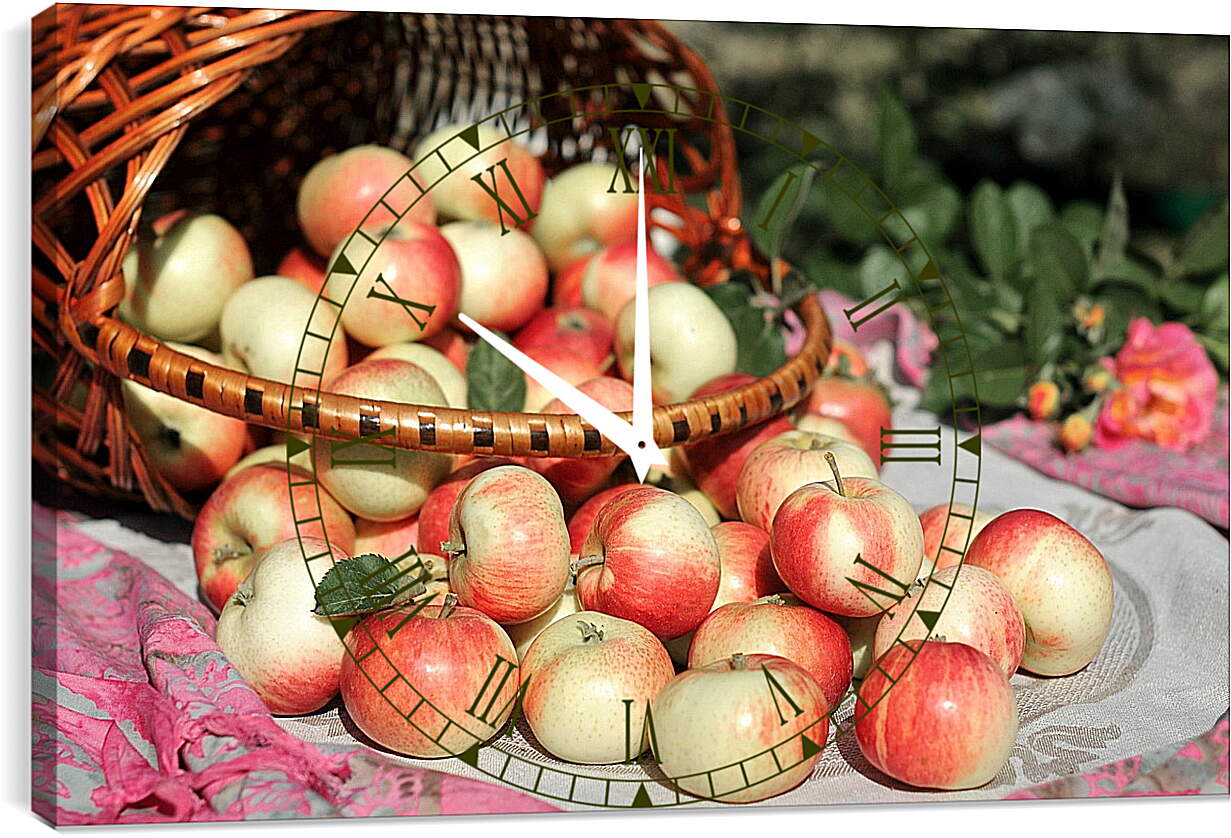 Часы картина - Рассыпанные яблоки из корзины