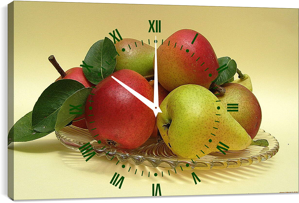 Часы картина - Груши и яблоки на стеклянной тарелочке